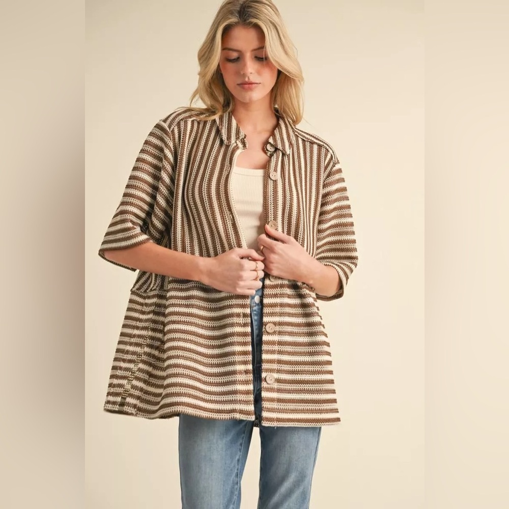 JODIFL Striped Teddy Jacket in Brown & Cream